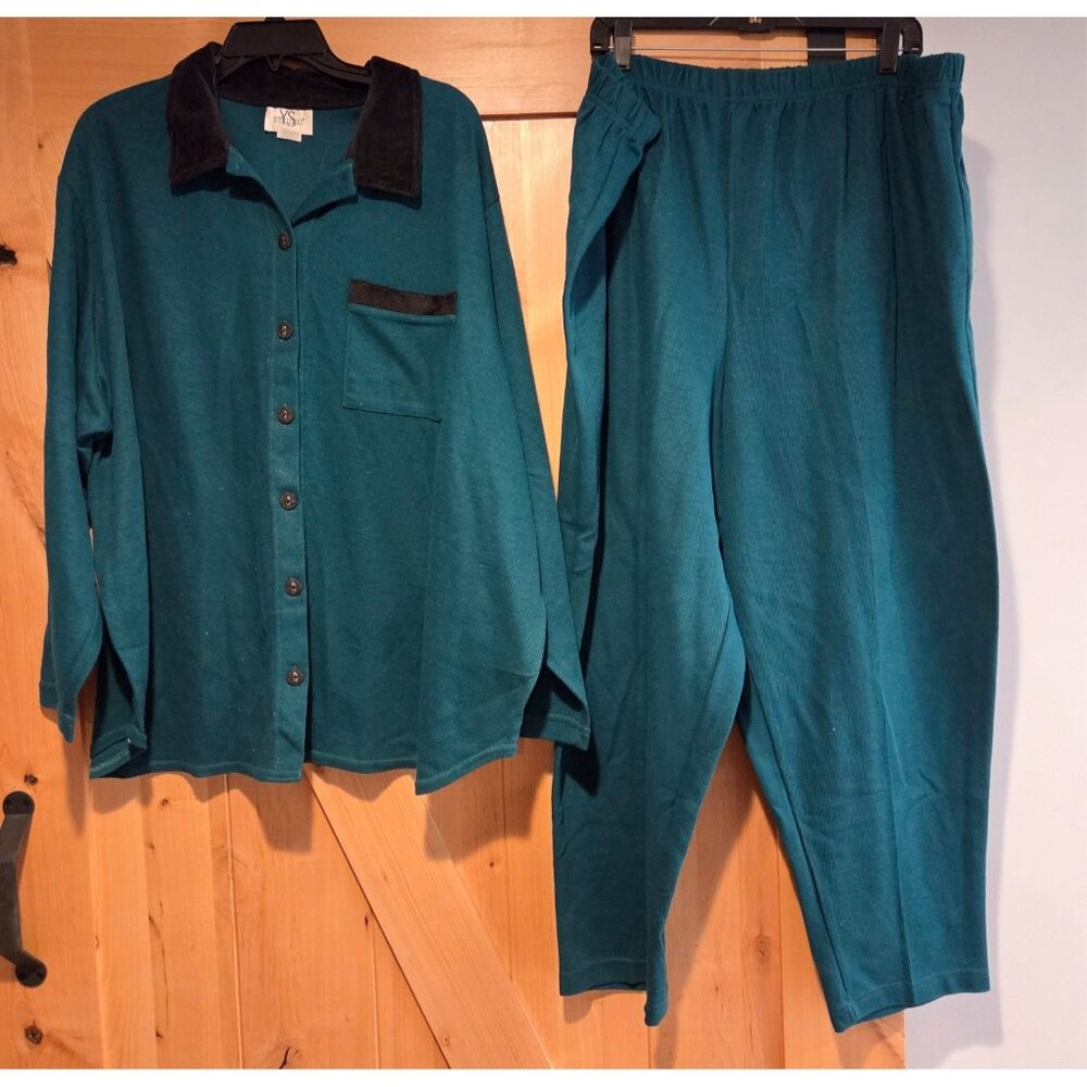 Vtg YS Studio Youngstuff Sz 3X Two Piece Top & Pants Set Teal Velvet Trim Lounge